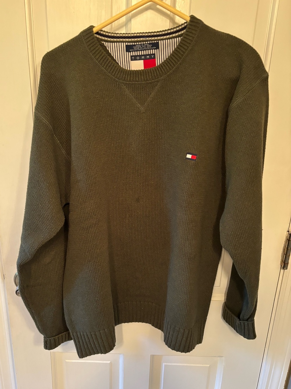 Tommy Hilfiger Olive Green Crewneck Sweater with Flag Logo